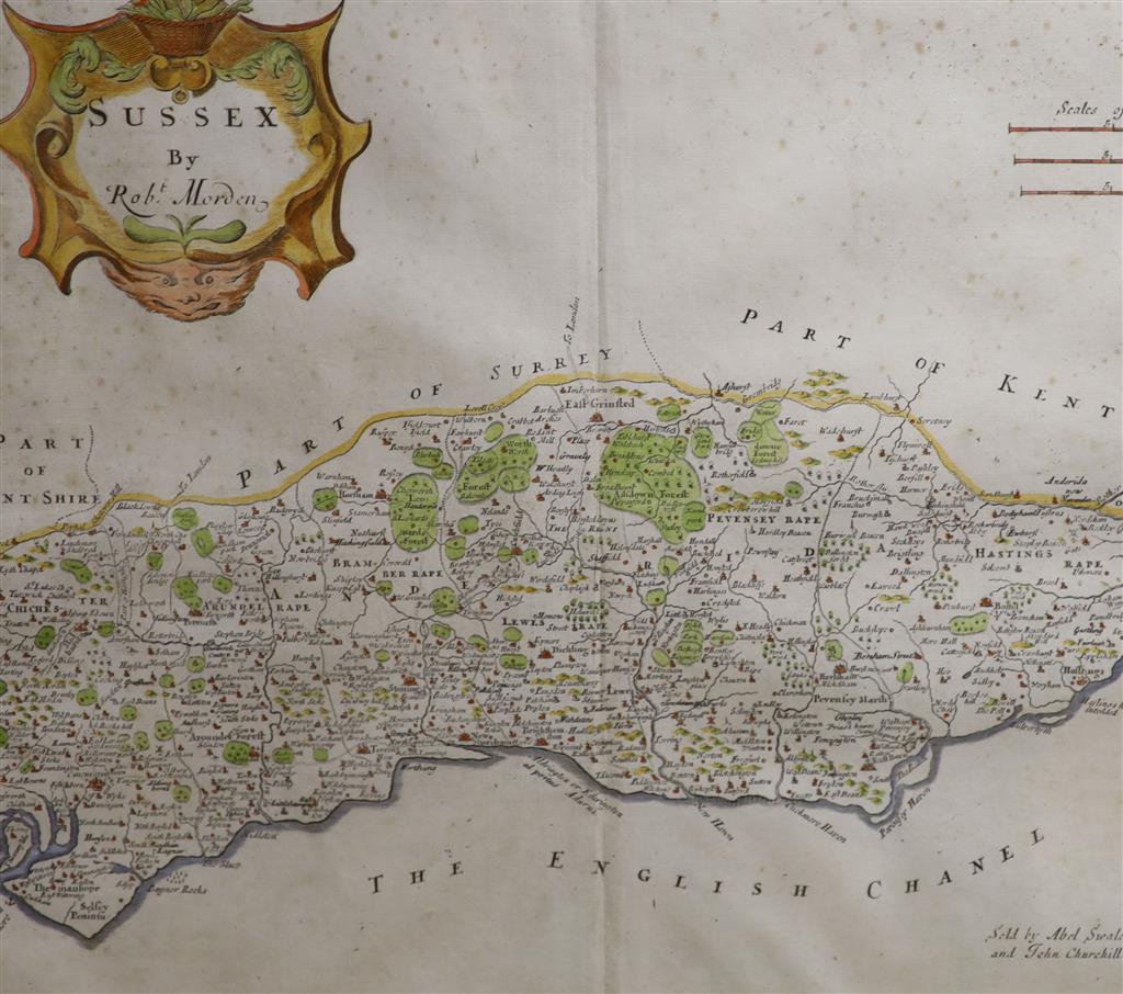 Robert Mordan, two coloured engravings, Maps of Sussex and Midlesex, together with two later engravings of Buckinghamshire and France,